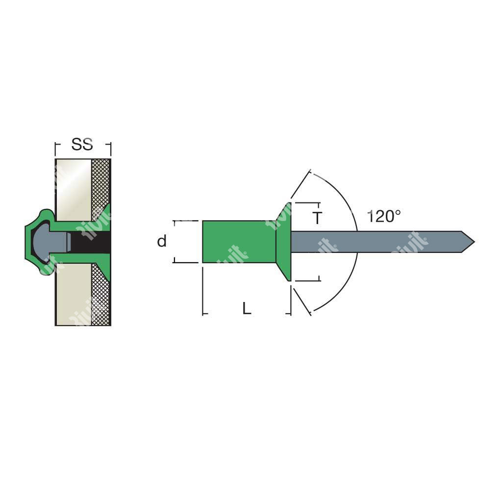 SAFS-Sealed blind rivet Alu/Steel CSKH9,5 4,8x12,5