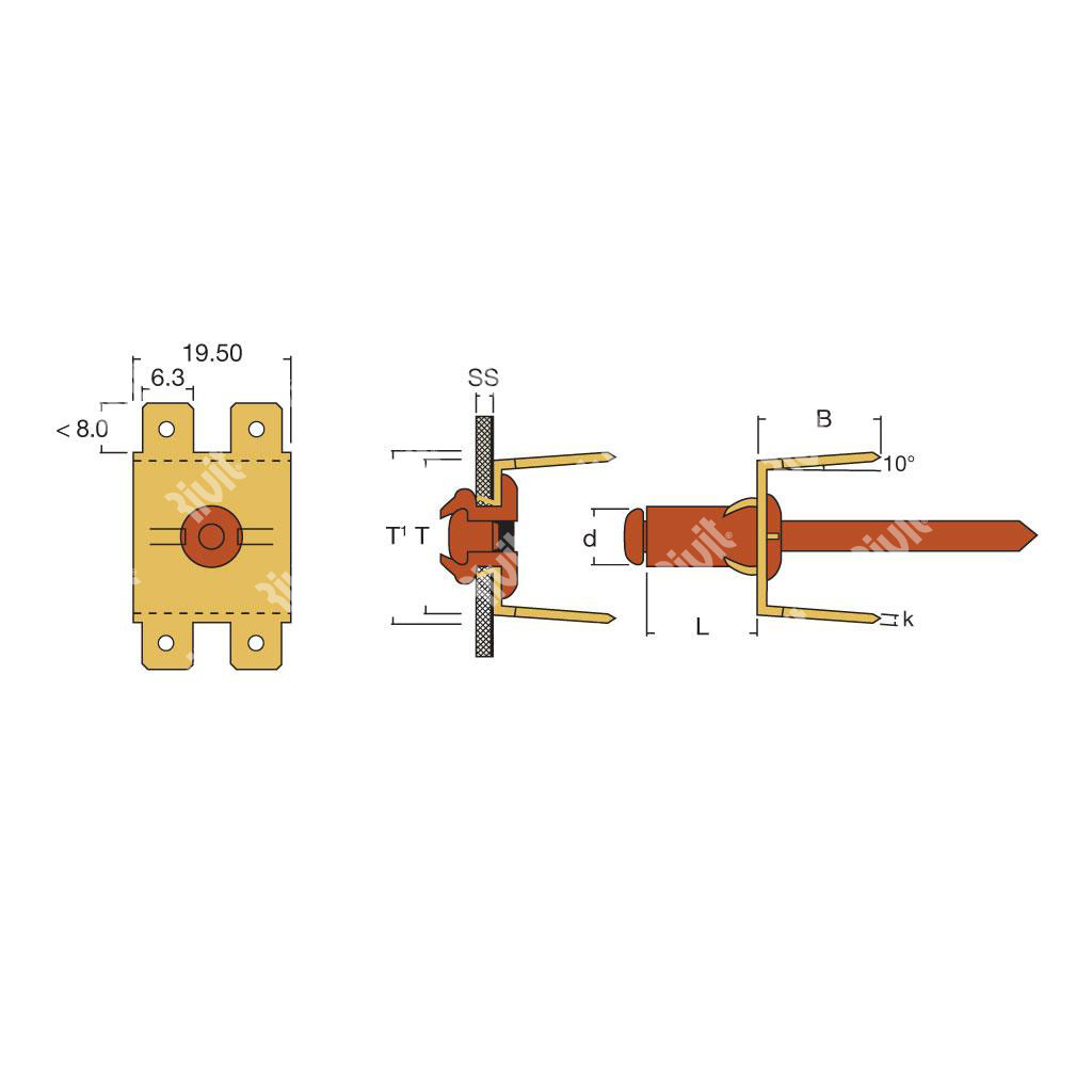 MASRIV4/90S-Blind rivet Copper/Copper steel gr 0,8 4 Brass fastons 90° 4-90S