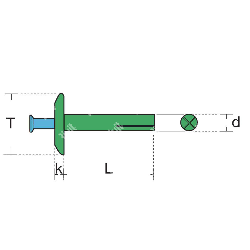 RCAI-Ribattino a Martello Corpo All/Chiodo Inox A2 Testa 15 Foro 5,0 ss.25,0-26,5 4,8x30 T15