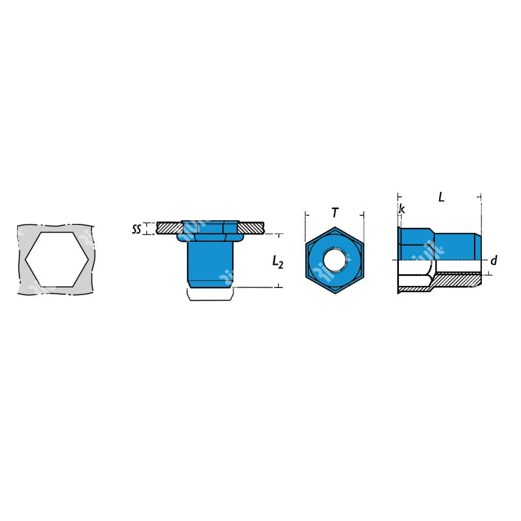 IREPA4-Rivsert Stainless steel A4 semihexag.10,9mm gr0,5-3,0 RH M8/030