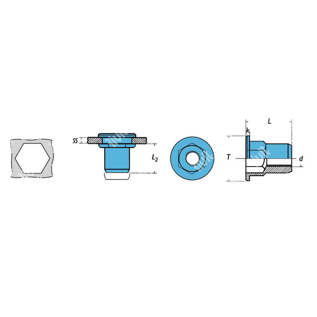 ITEPA2-Rivsert Stainless steel A2 semihex.8,9mm h. gr3,5-6,0 DH M6/060