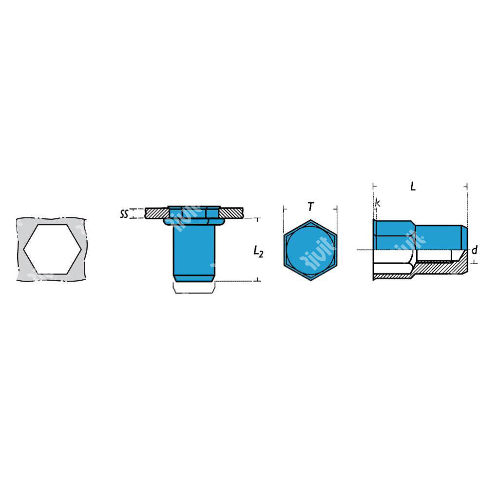 SIREPA4-Close end Rivsert Stainless steel A4 semih h.9,0 gr0,5-3,0 RH M6/030