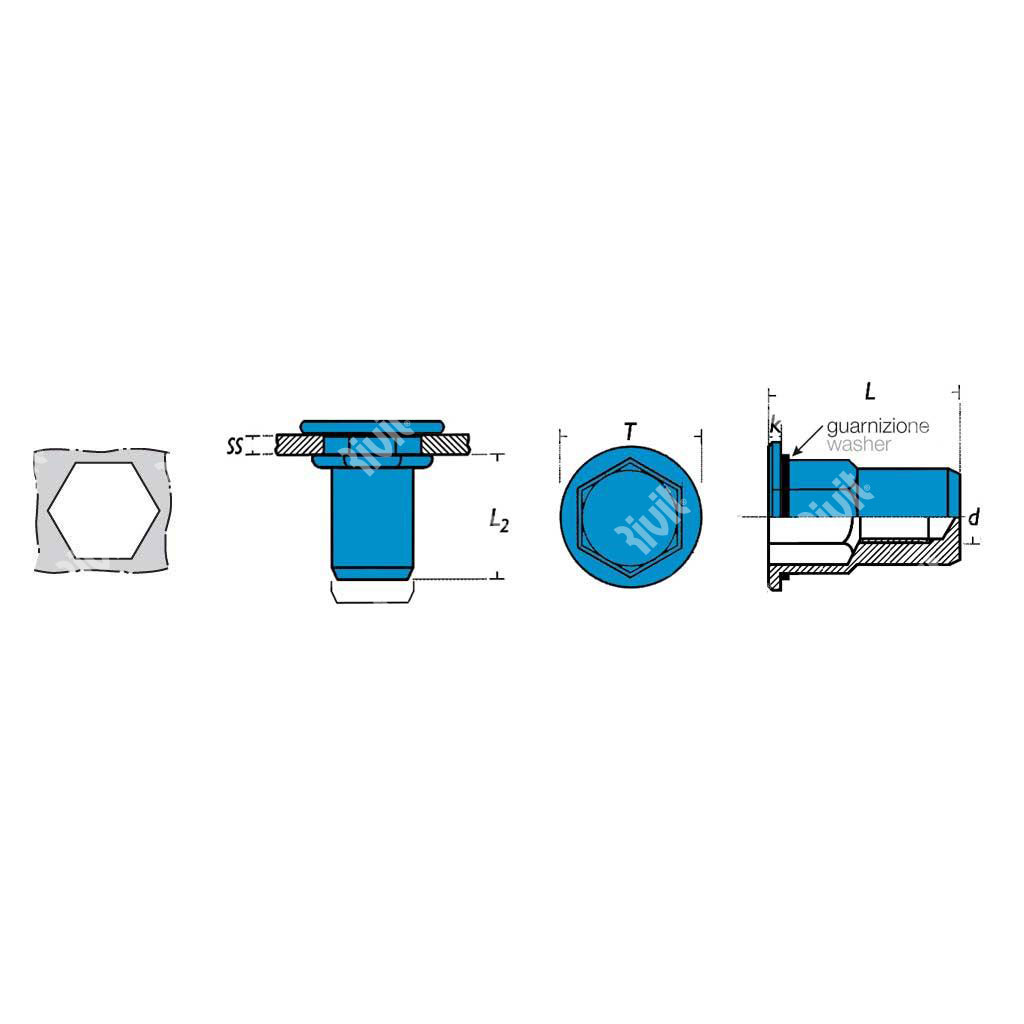 STREP-G-Close end Rivsert stainless steel A4 semi-hex 6,9 h.7,0 gr0,5-3,0 DH w/washer M5/030