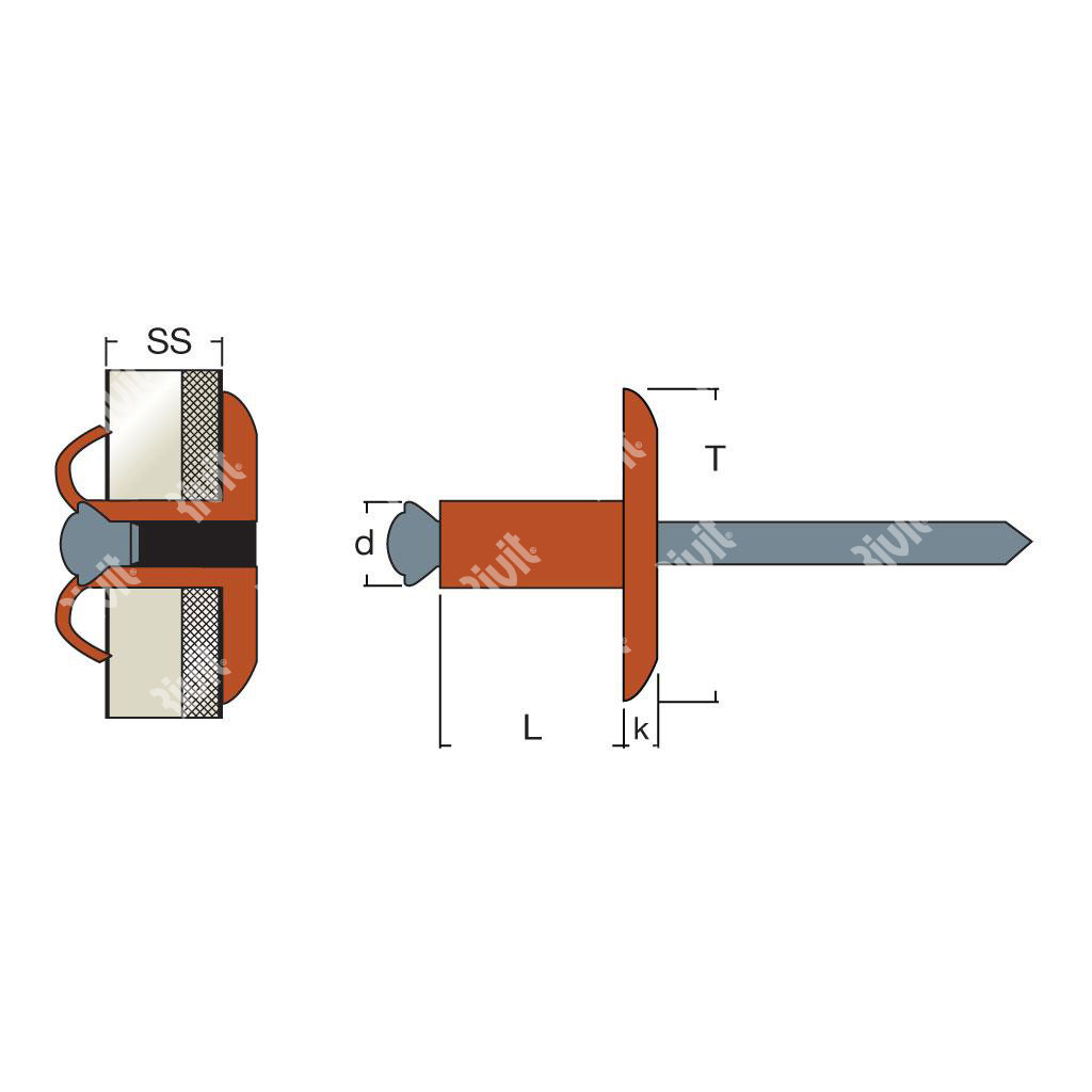 FIORIV14-Blind rivet Copper/Steel h.5,25 LH14 5,0x40,0 TL14