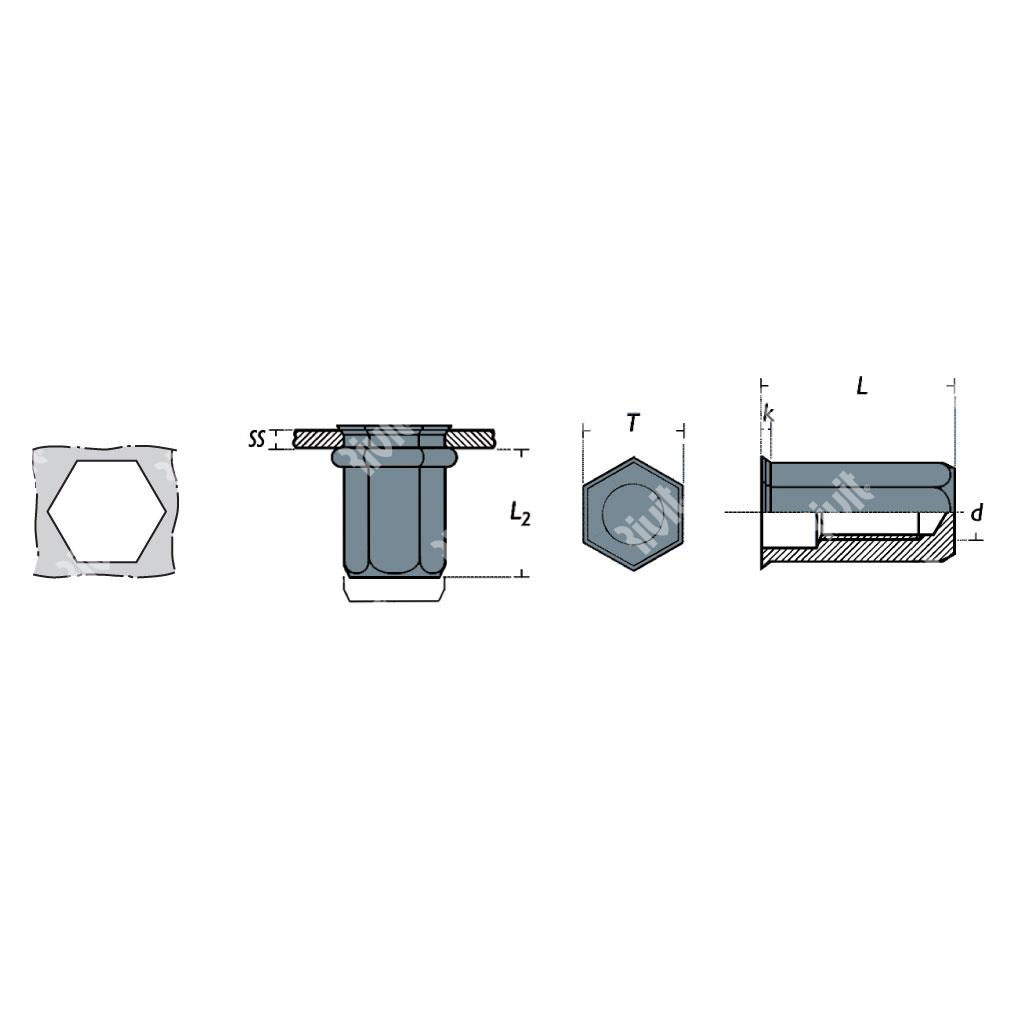 SFRE-Close end Rivsert Steel hex.5,97mm h.6,0 gr1, 5-4,0 RH M4/040