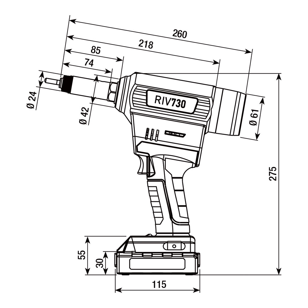 RIV730-Batt. tool rivet nuts M3-10 w/batt.+chrg. RIV730