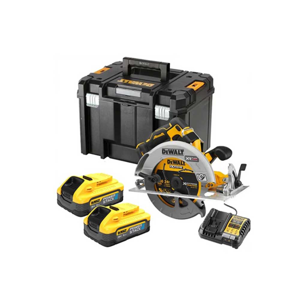 DEWALT-Sega circolare 18V 190mm 2 batterie  POWERSTACK 5AH, caricabatt. 4A, TSTAK DCS573H2T-QW